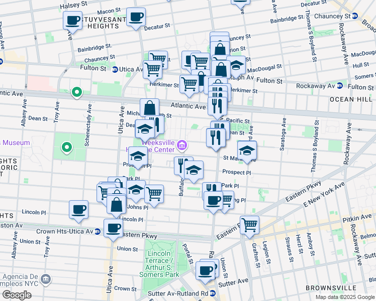 map of restaurants, bars, coffee shops, grocery stores, and more near 153 Buffalo Avenue in Brooklyn