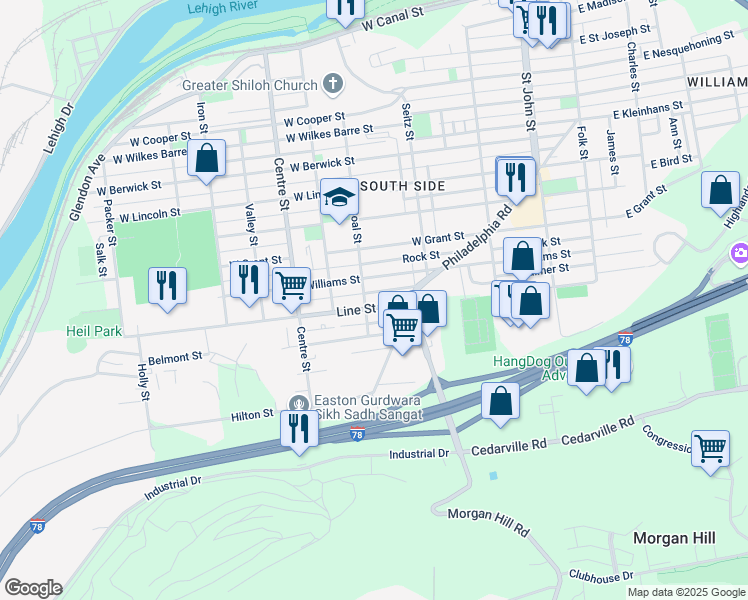 map of restaurants, bars, coffee shops, grocery stores, and more near 501 Line Street in Easton