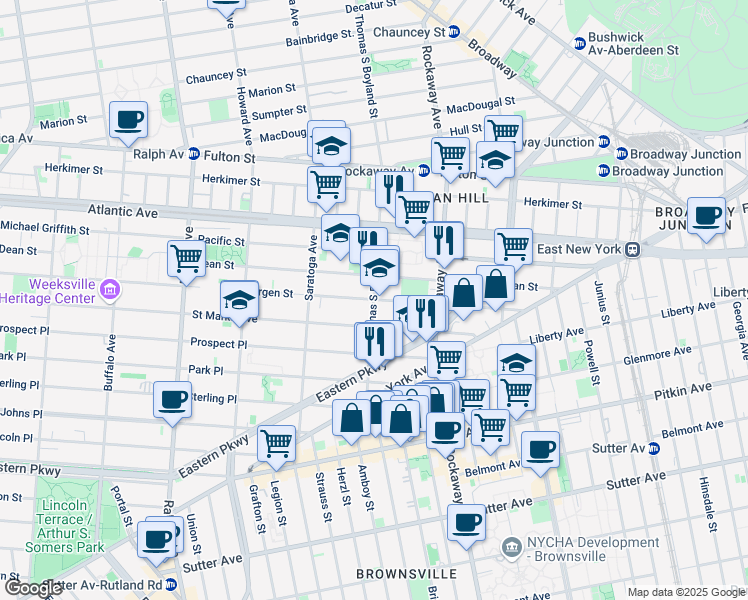 map of restaurants, bars, coffee shops, grocery stores, and more near Bergen St & Thomas S Boyland St in Brooklyn