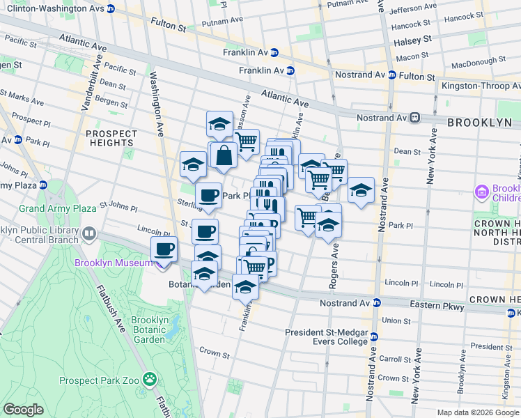 map of restaurants, bars, coffee shops, grocery stores, and more near 620 Park Place in Brooklyn