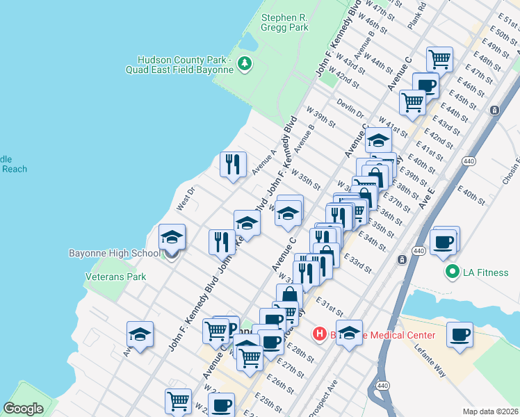 map of restaurants, bars, coffee shops, grocery stores, and more near 840 John F Kennedy Boulevard West in Bayonne