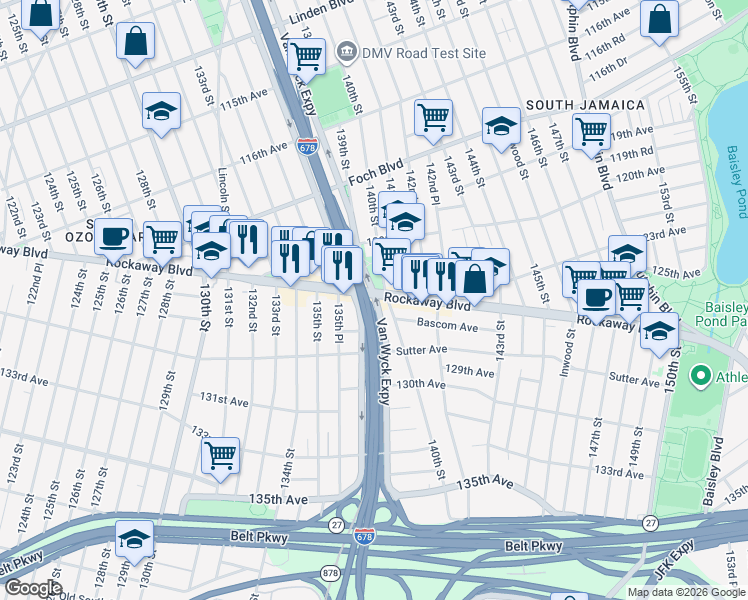 map of restaurants, bars, coffee shops, grocery stores, and more near 8719 Rockaway Boulevard in Queens