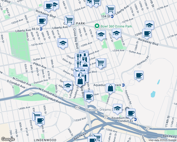 map of restaurants, bars, coffee shops, grocery stores, and more near 94-13 Linden Boulevard in Queens