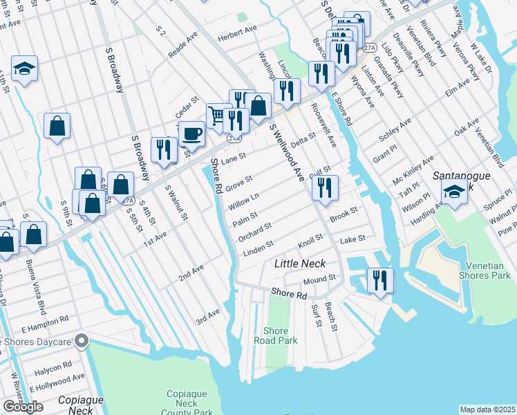 map of restaurants, bars, coffee shops, grocery stores, and more near 60 Palm Street in Lindenhurst
