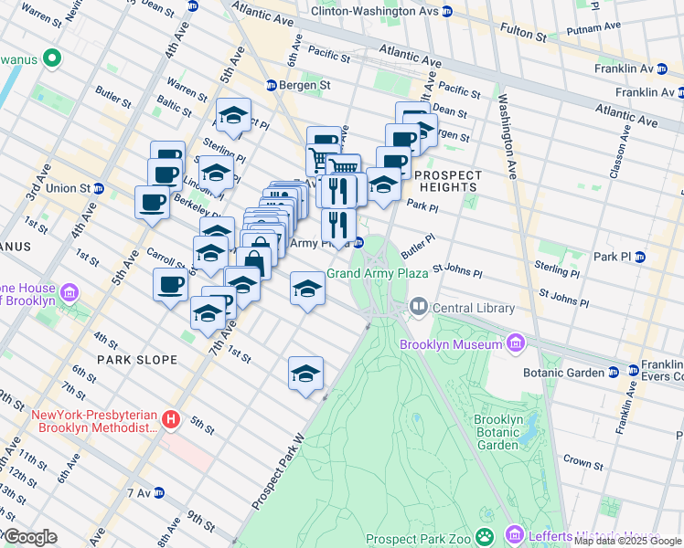 map of restaurants, bars, coffee shops, grocery stores, and more near 25 Plaza Street West in Brooklyn