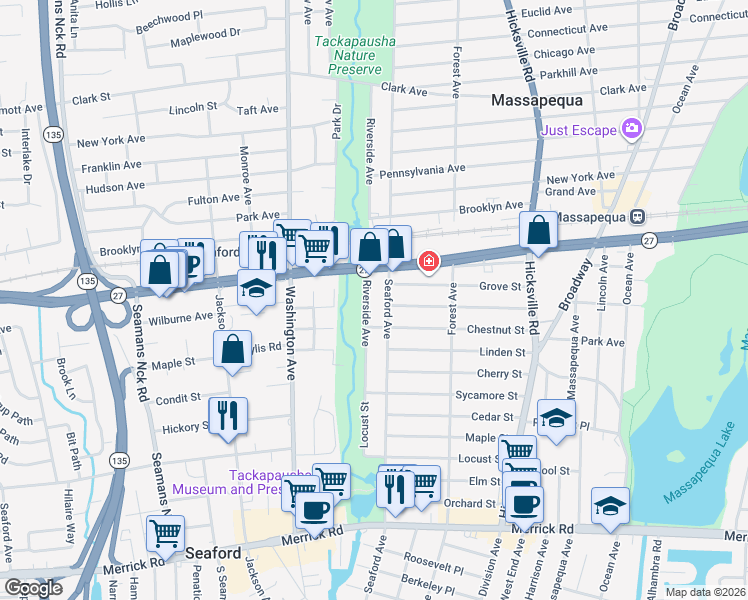 map of restaurants, bars, coffee shops, grocery stores, and more near 79 Riverside Avenue in Massapequa