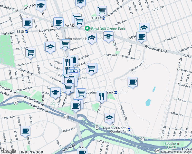 map of restaurants, bars, coffee shops, grocery stores, and more near 135-02 97th Street in Queens