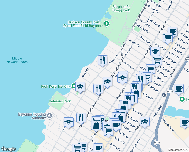 map of restaurants, bars, coffee shops, grocery stores, and more near 733 Avenue A in Bayonne