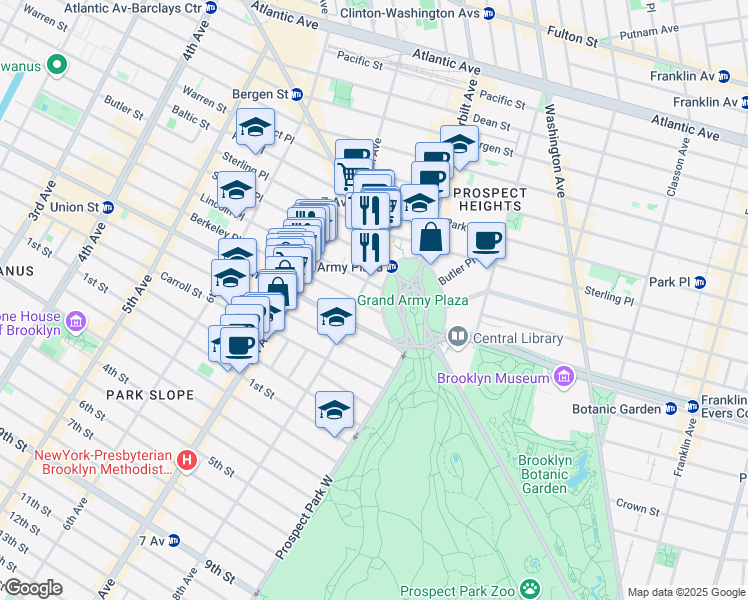 map of restaurants, bars, coffee shops, grocery stores, and more near 25 Plaza Street West in Brooklyn