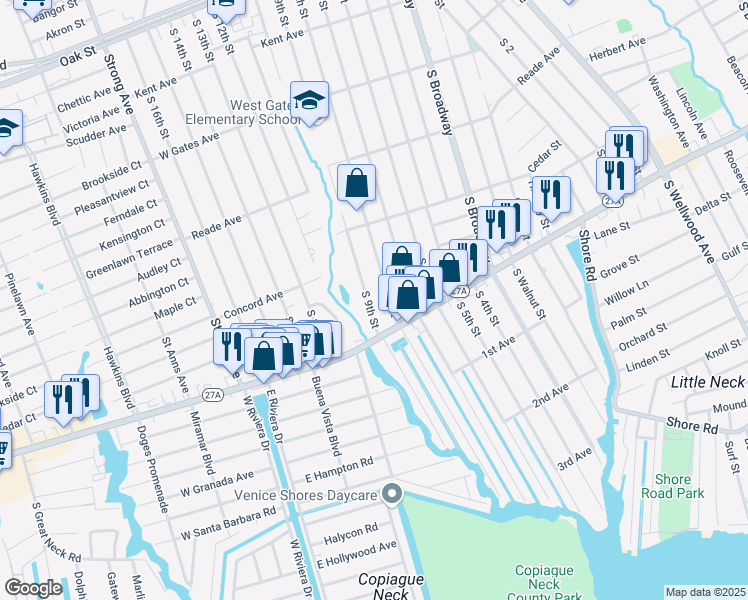 map of restaurants, bars, coffee shops, grocery stores, and more near 570 South 9th Street in Lindenhurst