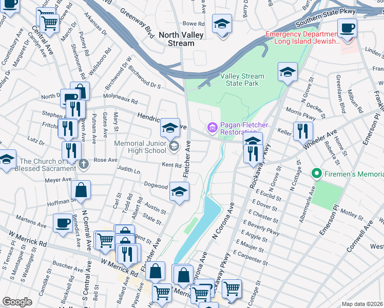 map of restaurants, bars, coffee shops, grocery stores, and more near 10 Linden Road in Valley Stream