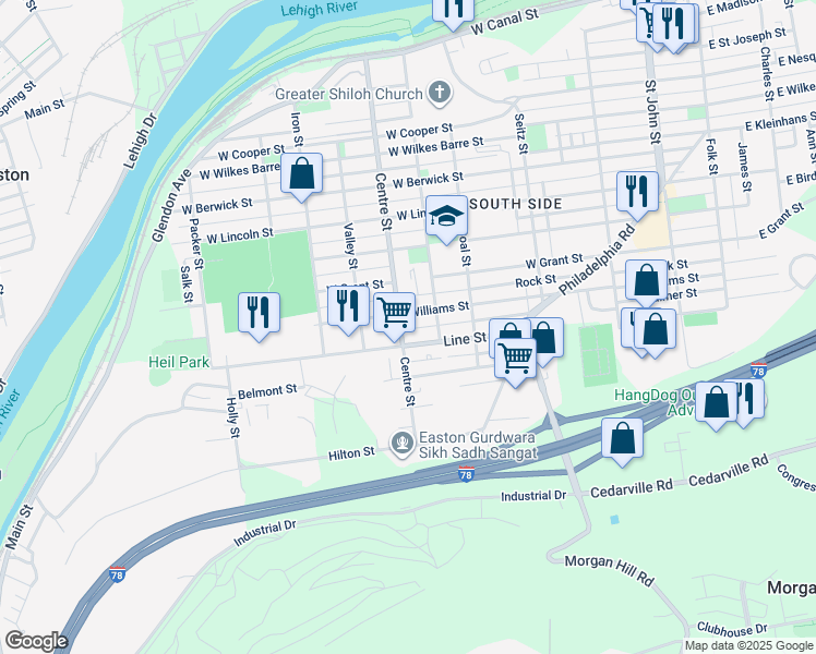 map of restaurants, bars, coffee shops, grocery stores, and more near 923 Centre Street in Easton