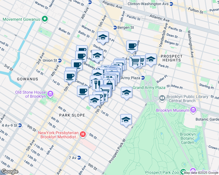 map of restaurants, bars, coffee shops, grocery stores, and more near 109 7th Avenue in Brooklyn