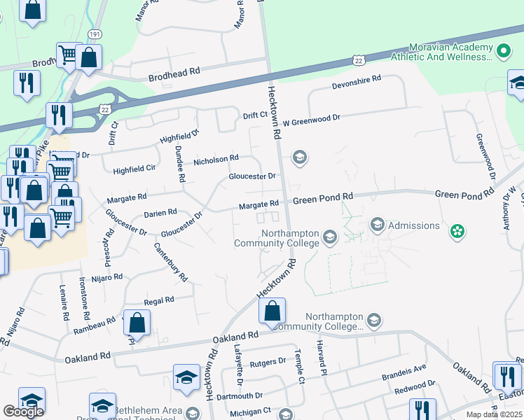 map of restaurants, bars, coffee shops, grocery stores, and more near 3705 Amherst Court in Bethlehem