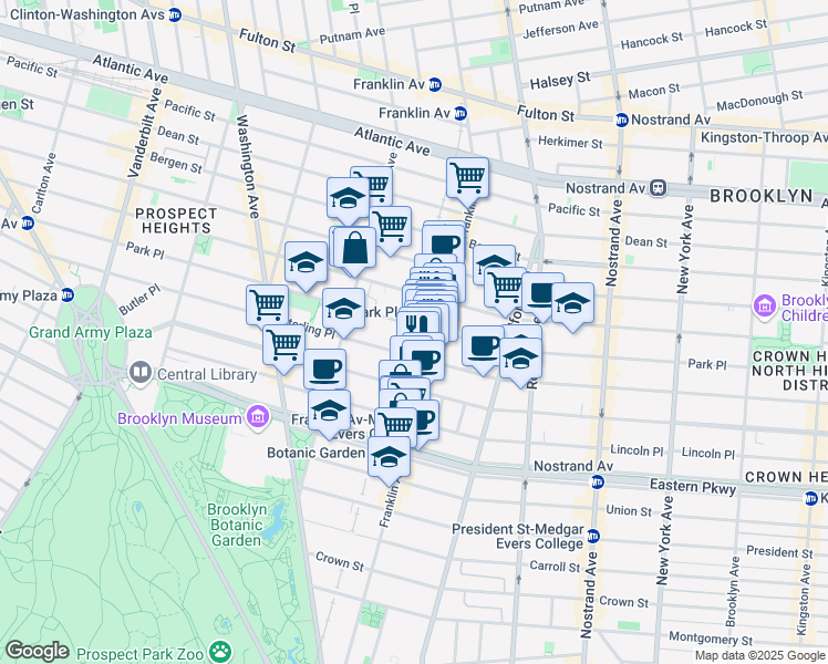 map of restaurants, bars, coffee shops, grocery stores, and more near 620 Park Place in Brooklyn