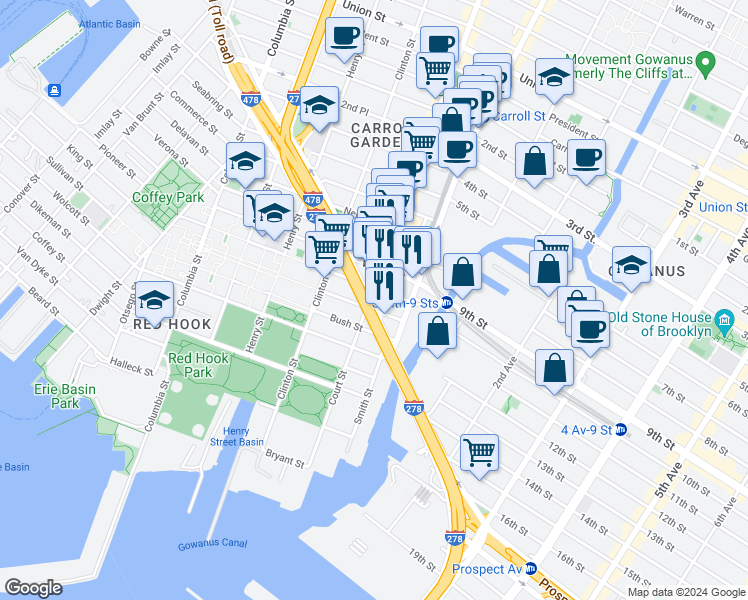 map of restaurants, bars, coffee shops, grocery stores, and more near 353 Hamilton Avenue in Brooklyn