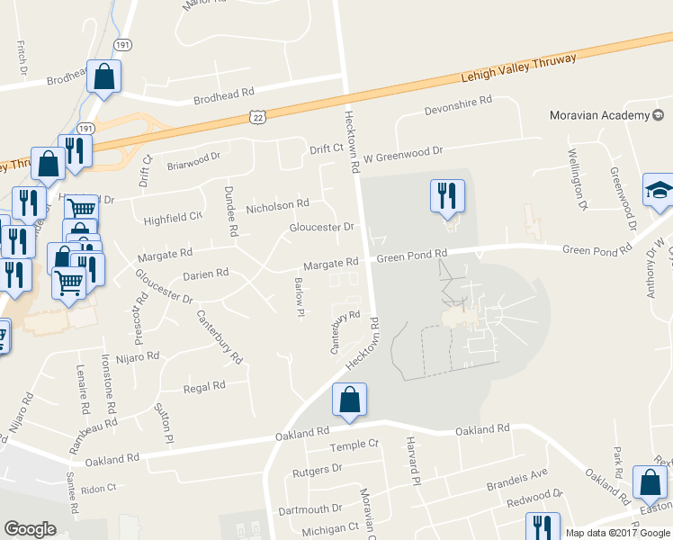 map of restaurants, bars, coffee shops, grocery stores, and more near 3705 Amherst Court in Bethlehem