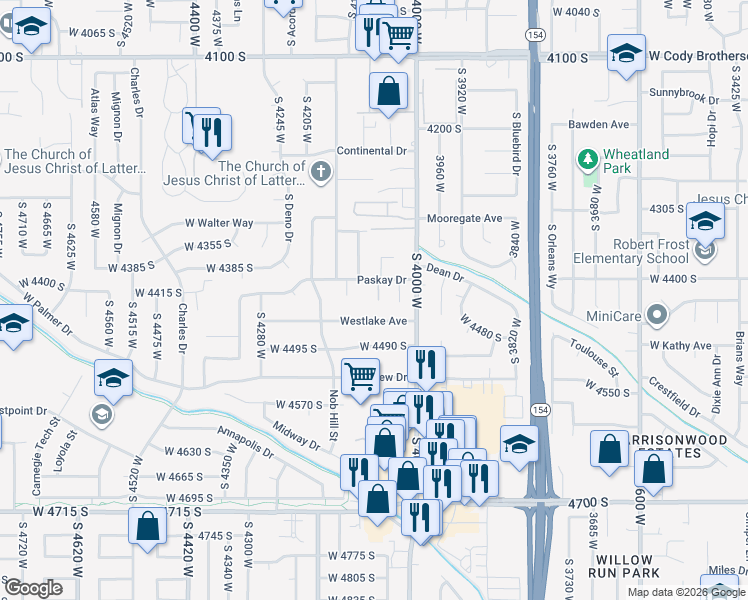 map of restaurants, bars, coffee shops, grocery stores, and more near 4071 Paskay Drive in West Valley City