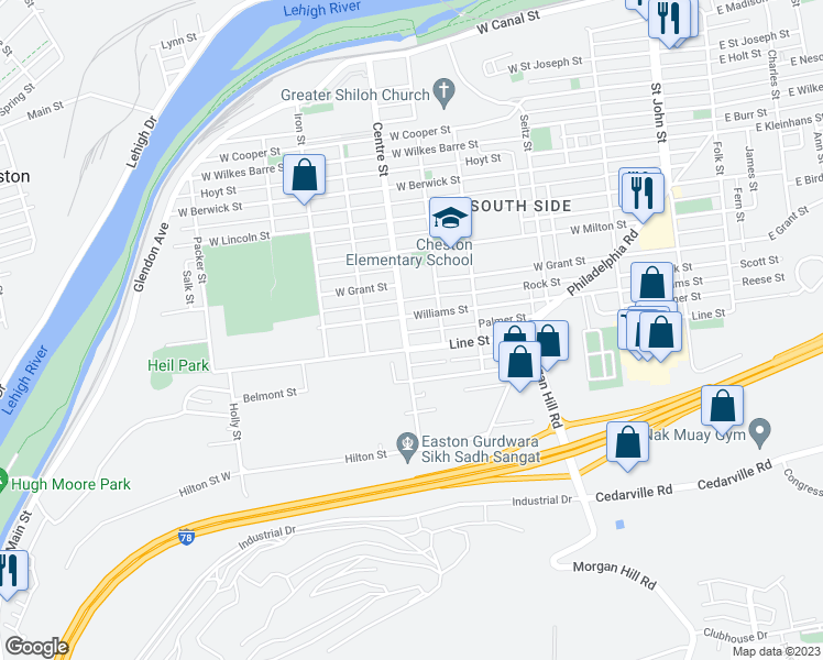 map of restaurants, bars, coffee shops, grocery stores, and more near 912 Centre Street in Easton