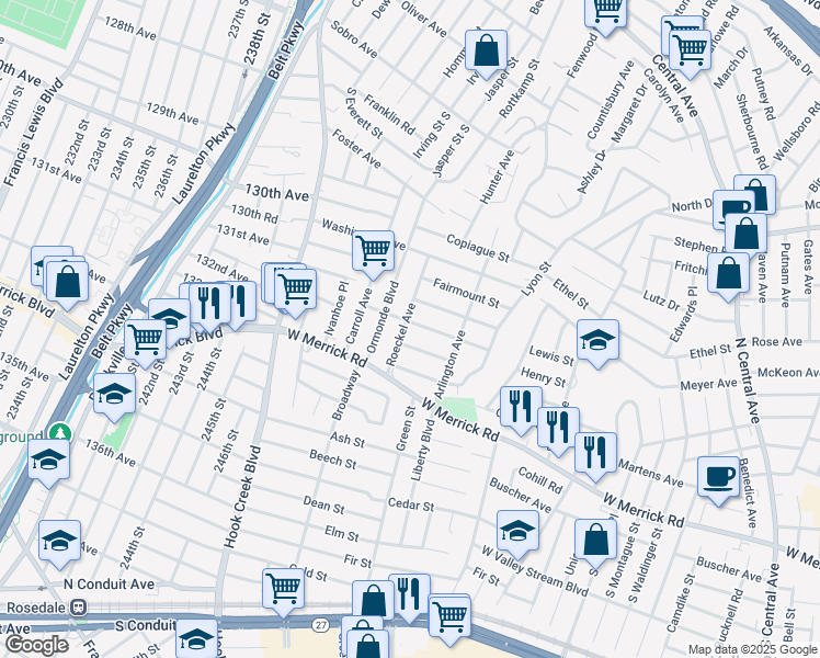 map of restaurants, bars, coffee shops, grocery stores, and more near 57 Roeckel Avenue in Valley Stream