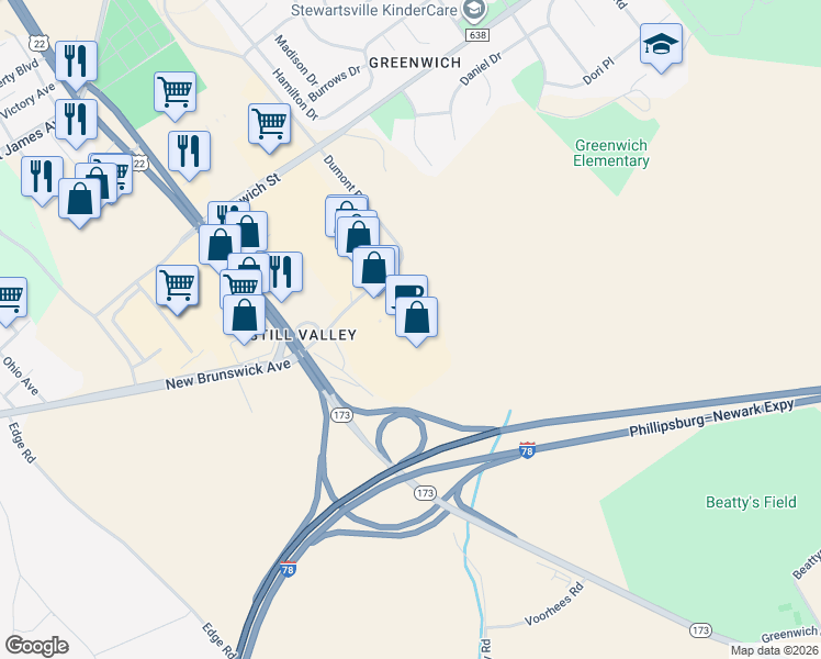 map of restaurants, bars, coffee shops, grocery stores, and more near 1204 New Brunswick Avenue in Phillipsburg