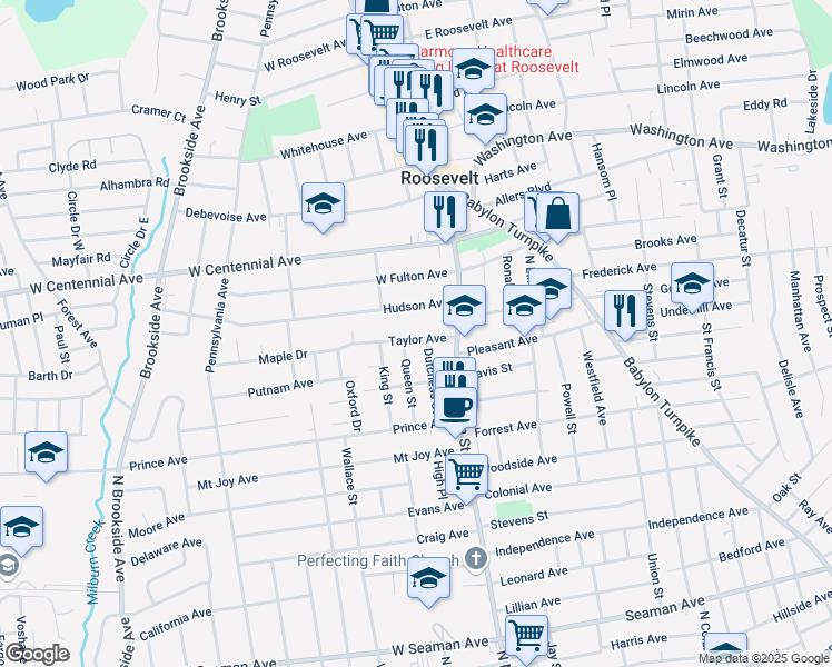 map of restaurants, bars, coffee shops, grocery stores, and more near 52 Taylor Avenue in Roosevelt