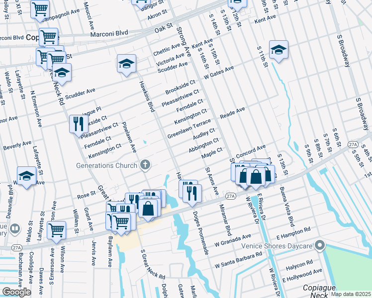 map of restaurants, bars, coffee shops, grocery stores, and more near 215 Abbington Court in Copiague