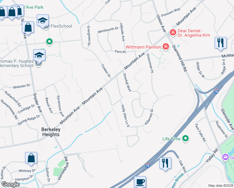 map of restaurants, bars, coffee shops, grocery stores, and more near 59 Holly Glen Lane North in Berkeley Heights