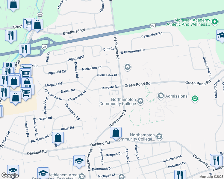 map of restaurants, bars, coffee shops, grocery stores, and more near 3706 Amherst Court in Bethlehem