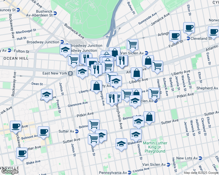 map of restaurants, bars, coffee shops, grocery stores, and more near 340 Liberty Avenue in Brooklyn