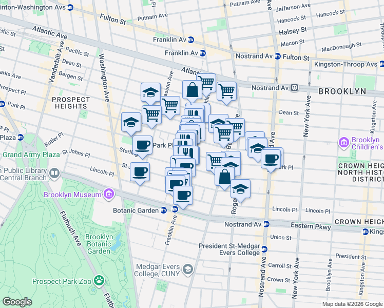 map of restaurants, bars, coffee shops, grocery stores, and more near Park Place & Franklin Avenue in Brooklyn
