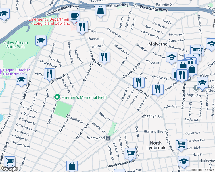 map of restaurants, bars, coffee shops, grocery stores, and more near 70 Drake Street in Malverne