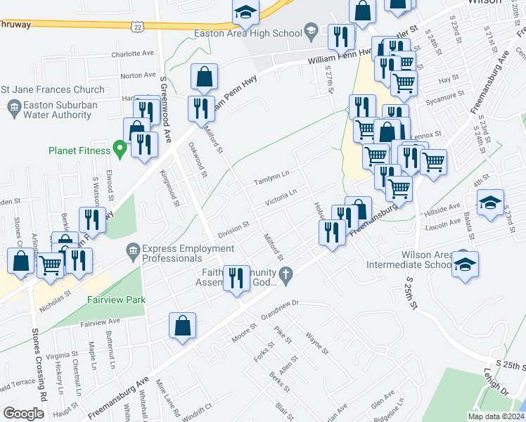 map of restaurants, bars, coffee shops, grocery stores, and more near 2762 Victoria Lane in Easton