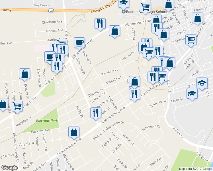 map of restaurants, bars, coffee shops, grocery stores, and more near 2762 Victoria Lane in Easton