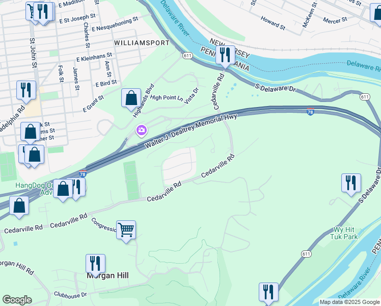 map of restaurants, bars, coffee shops, grocery stores, and more near 356 Cedar Park Boulevard in Northampton County