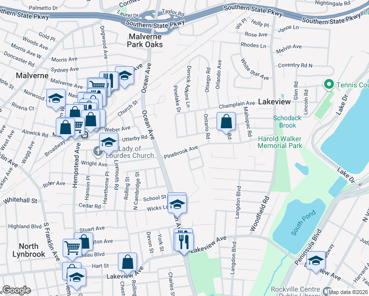 map of restaurants, bars, coffee shops, grocery stores, and more near 600 Pinebrook Avenue in West Hempstead