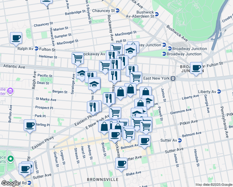 map of restaurants, bars, coffee shops, grocery stores, and more near 2095 Bergen Street in Brooklyn