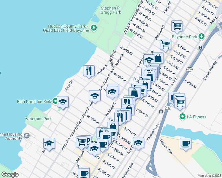 map of restaurants, bars, coffee shops, grocery stores, and more near 83-85 East 33rd Street in Bayonne