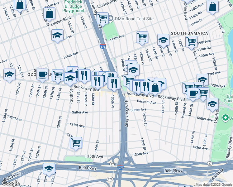 map of restaurants, bars, coffee shops, grocery stores, and more near 8719 Rockaway Boulevard in Queens