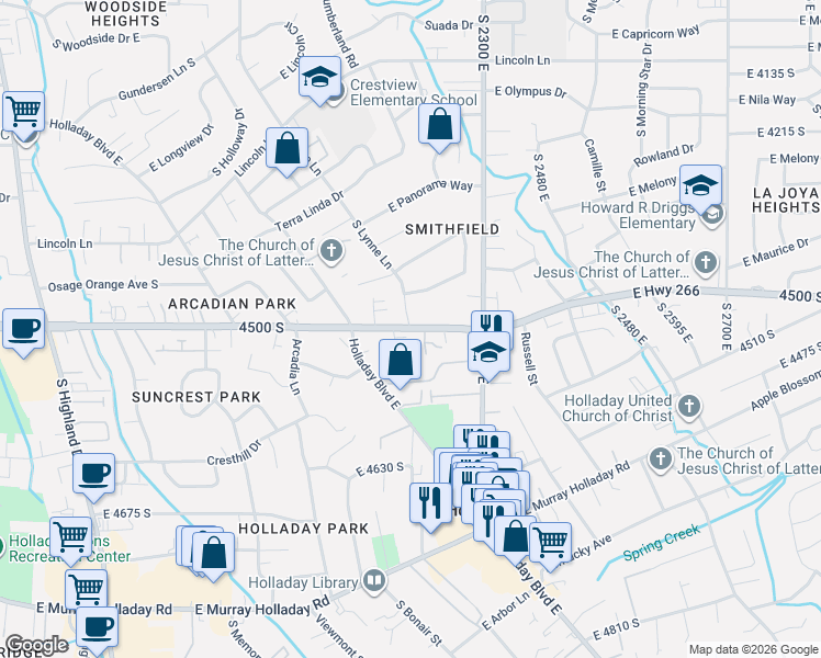 map of restaurants, bars, coffee shops, grocery stores, and more near 2180 Utah 266 in Holladay