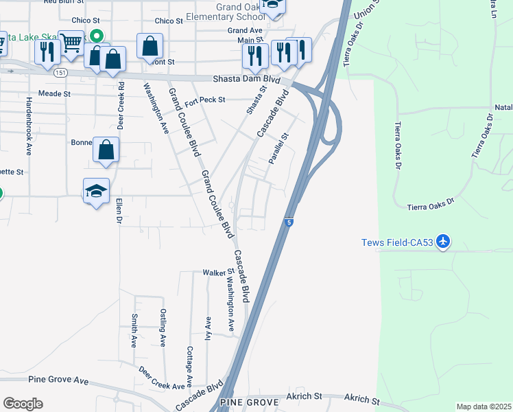 map of restaurants, bars, coffee shops, grocery stores, and more near 2092 Allan Street in Shasta Lake