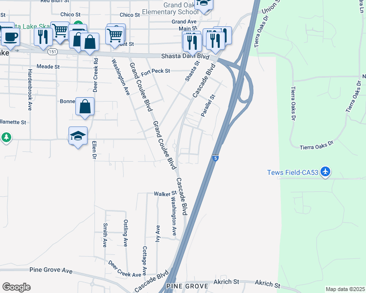 map of restaurants, bars, coffee shops, grocery stores, and more near 2092 Allan Street in Shasta Lake
