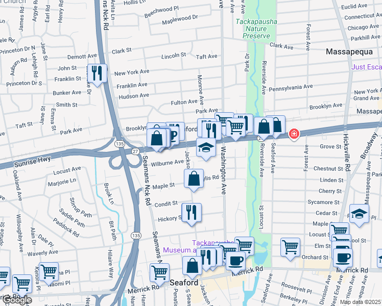 map of restaurants, bars, coffee shops, grocery stores, and more near 1982 Jackson Avenue in Seaford