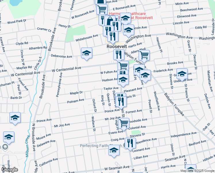 map of restaurants, bars, coffee shops, grocery stores, and more near 52 Taylor Avenue in Roosevelt