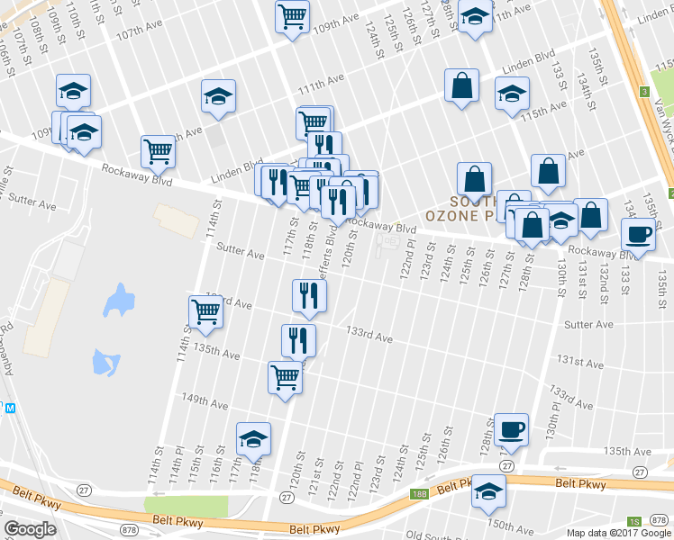 map of restaurants, bars, coffee shops, grocery stores, and more near 130-1 Lefferts Boulevard in Queens