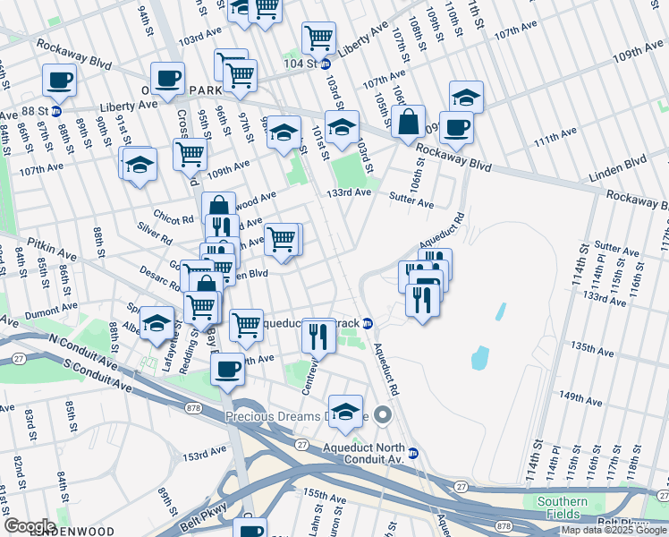 map of restaurants, bars, coffee shops, grocery stores, and more near 97-31 135th Road in Queens
