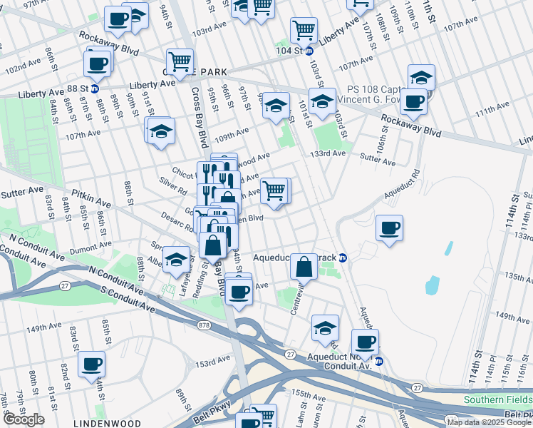map of restaurants, bars, coffee shops, grocery stores, and more near 135-01 96th Street in Queens