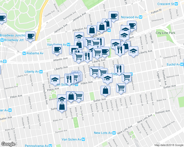 map of restaurants, bars, coffee shops, grocery stores, and more near 322 Jerome Street in Brooklyn
