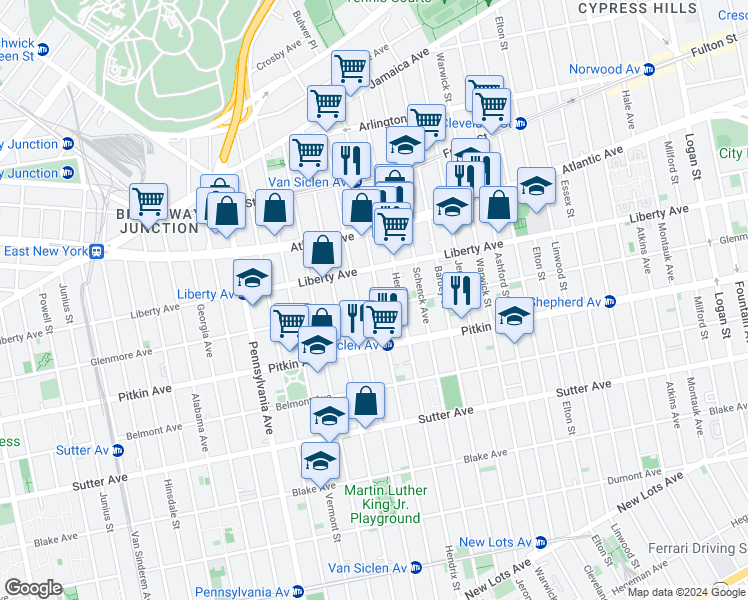 map of restaurants, bars, coffee shops, grocery stores, and more near 509 Glenmore Avenue in Brooklyn