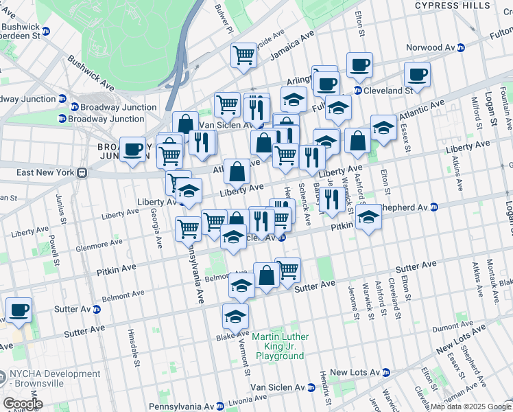 map of restaurants, bars, coffee shops, grocery stores, and more near 509 Glenmore Avenue in Brooklyn